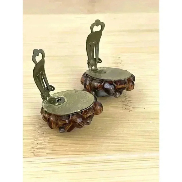 VTG Glass Bead Cluster Clip On Earrings Brass West Germany Iridescent - Picture 3 of 13